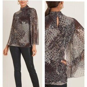 Chico's Black Leopard Print Bell Sleeve Sheer Pullover Animal Medium Blouse NEW